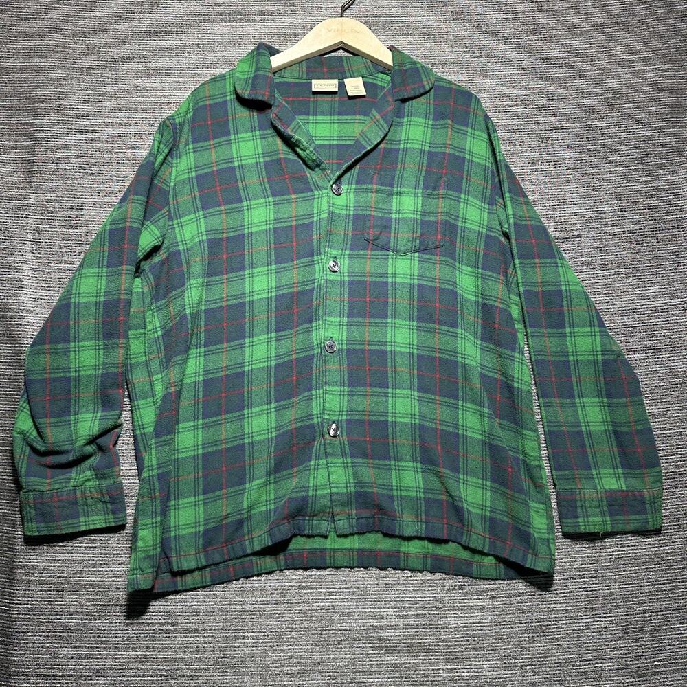 L.L. Bean Flannel Shirt Men's L Green Plaid Long Sleeve Button Up Pajama 500244